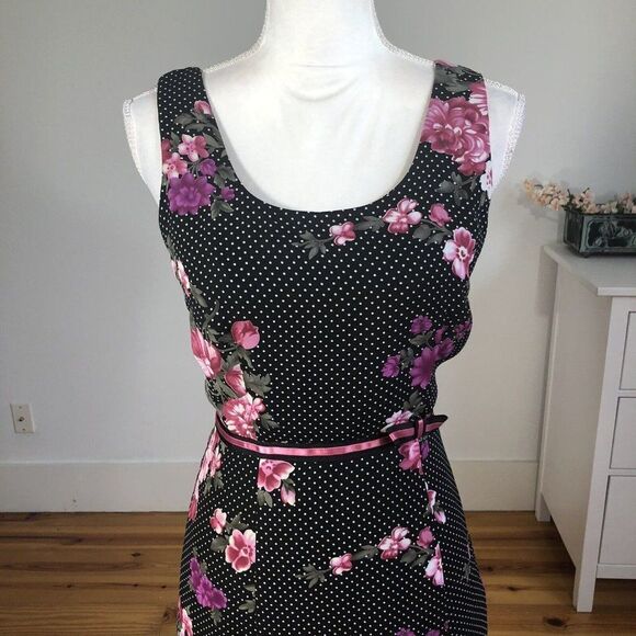 Vtg 90s Y2K K Petite Chiffon Black Polka Dot Dress 6P Pink Floral A Line Flirty - Picture 5 of 12